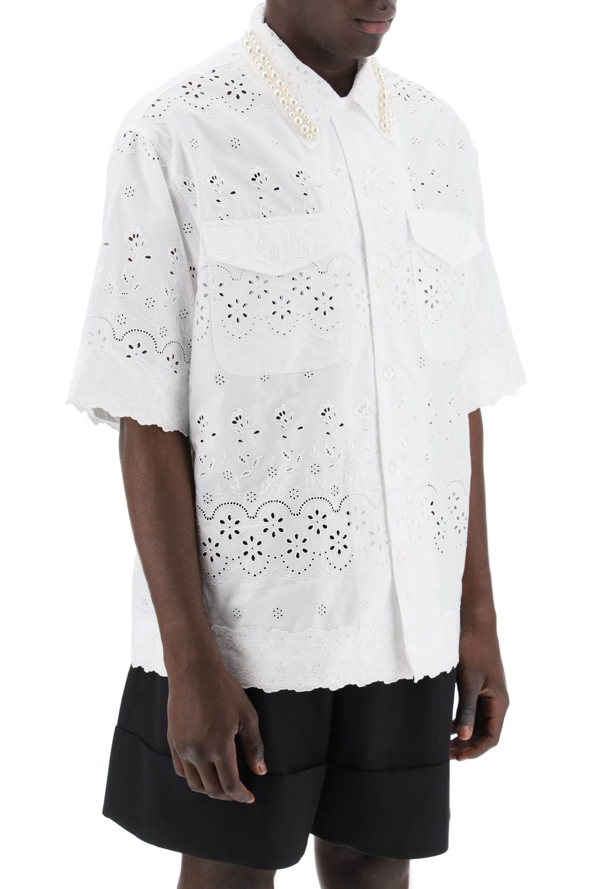 Shop Simone Rocha "scalloped Lace Shirt With Pearl Men In White