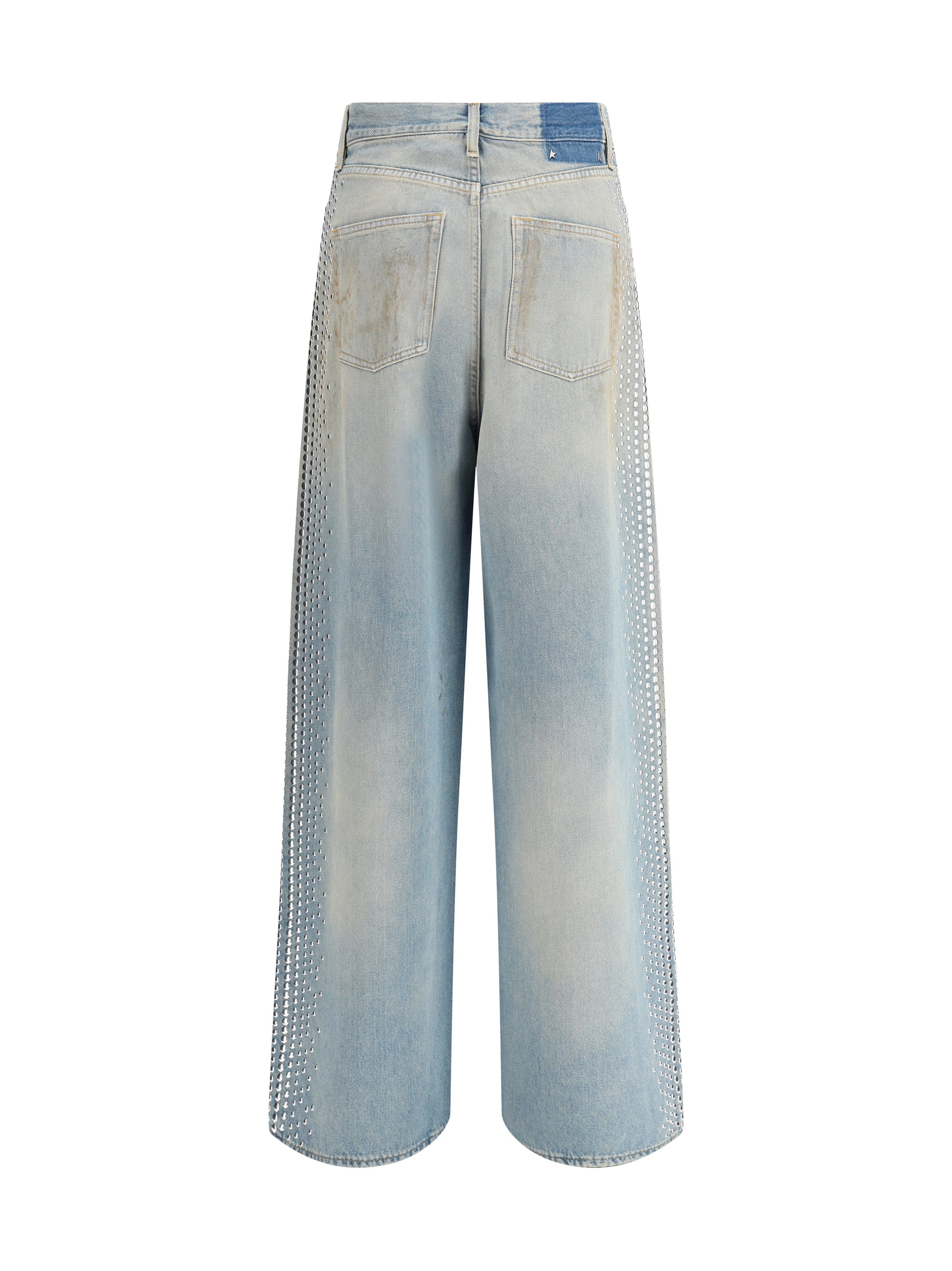Golden Goose Distressed Boyfriend Fit Trousers With Studded Detailing In Blue