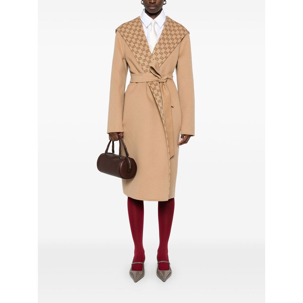 Gucci Reversible Wool Silk Blend Coat Gg In Brown