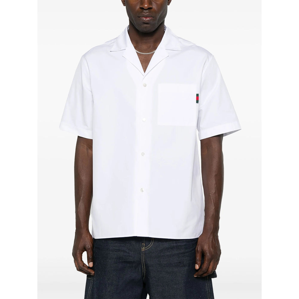 Gucci White Bowling Shirt With Web Detail On The Front And Maxi Web Print With Logo Lettering On The In White