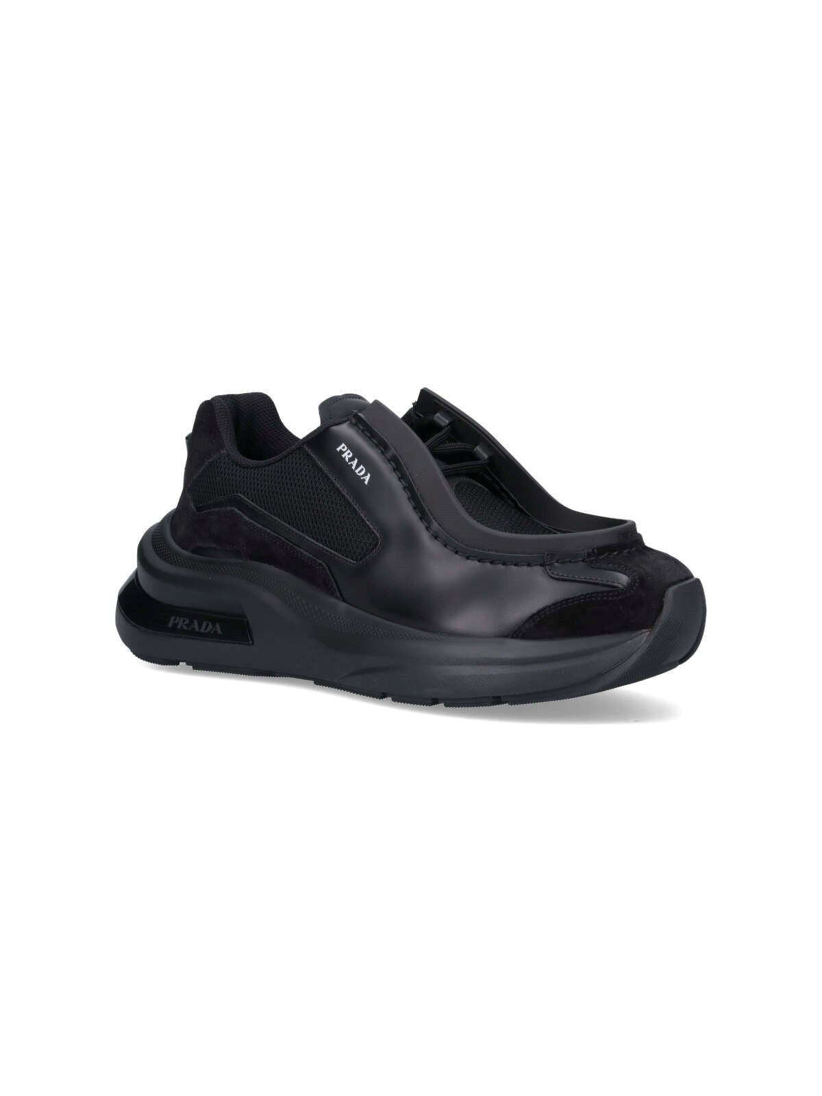 Shop Prada Men Systeme Brushed Leather Sneakers With Bike Fabric In Black