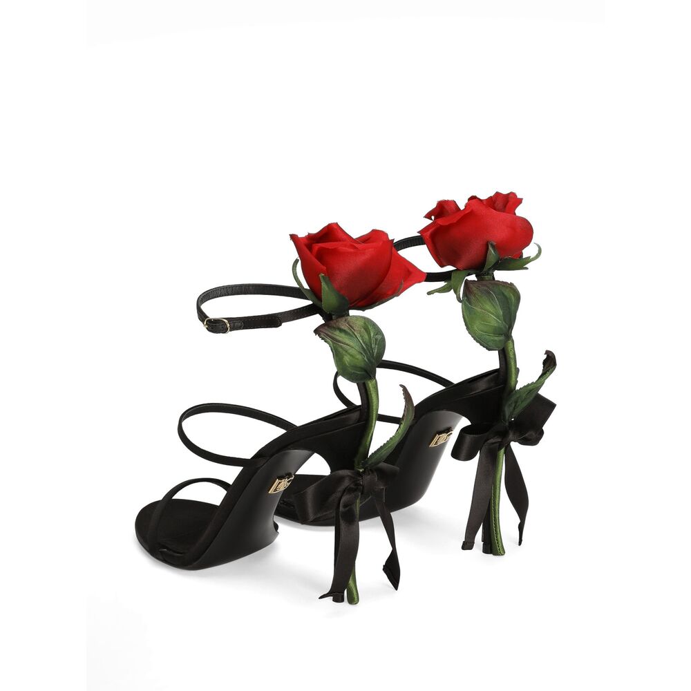 Dolce & Gabbana Keira 105 Satin Sandals With Rose Applique In Black