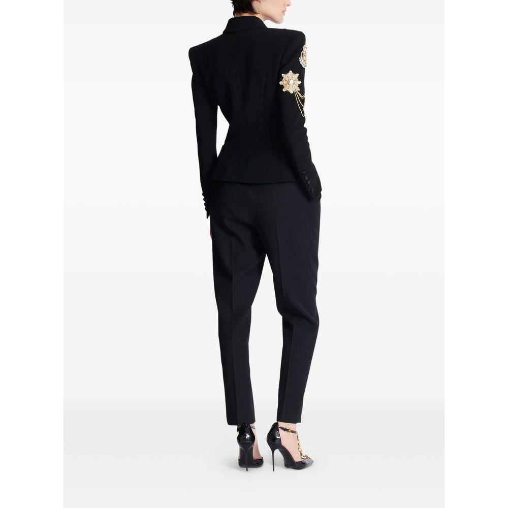 Balmain Crepe 6-button Jacket With Embroidered Patches In Black