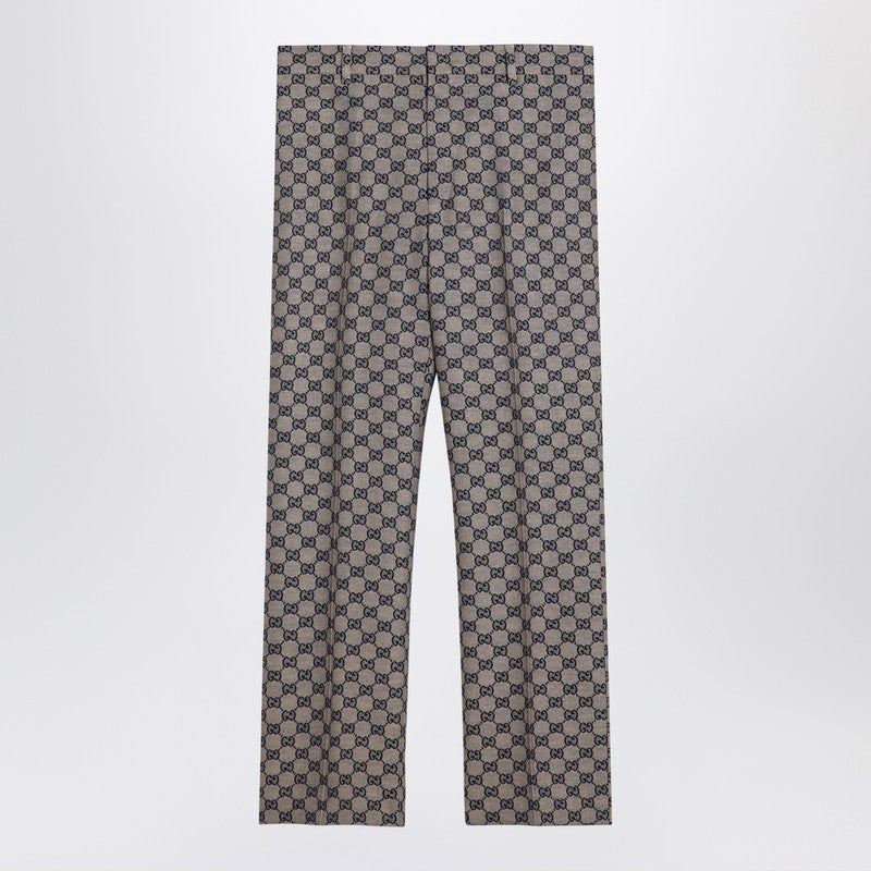 Gucci Beige/blue Linen Blend Trousers With Gg Pattern Women In Gray