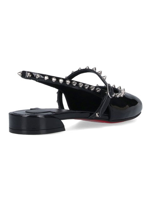 Christian Louboutin Sweet Janispikes Studded Patent-leather Slingback Flats In Black