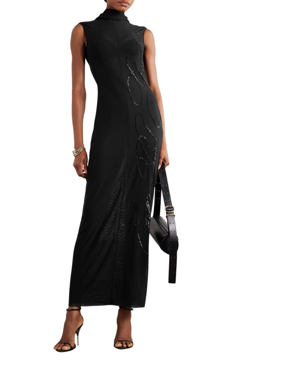 Jean Paul Gaultier Women Tulle Maxi Dress With Halterneck, Sequins, And Embellishments In Black