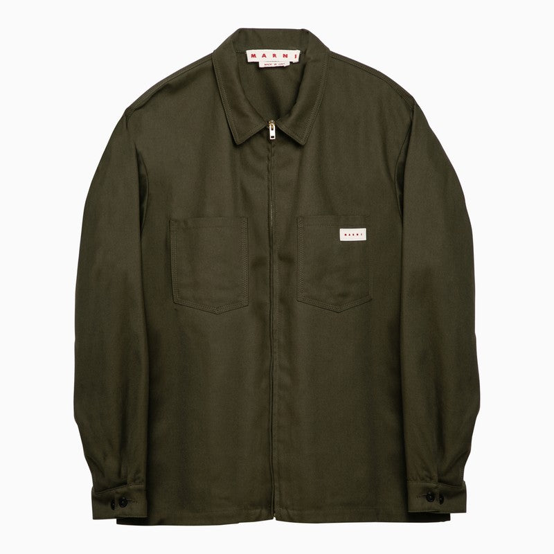 Shop Marni Dark Green Cotton Zipped Shirt Jacket Men