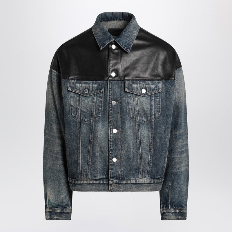 Prada Blue Denim And Black Leather Jacket Men In Blue