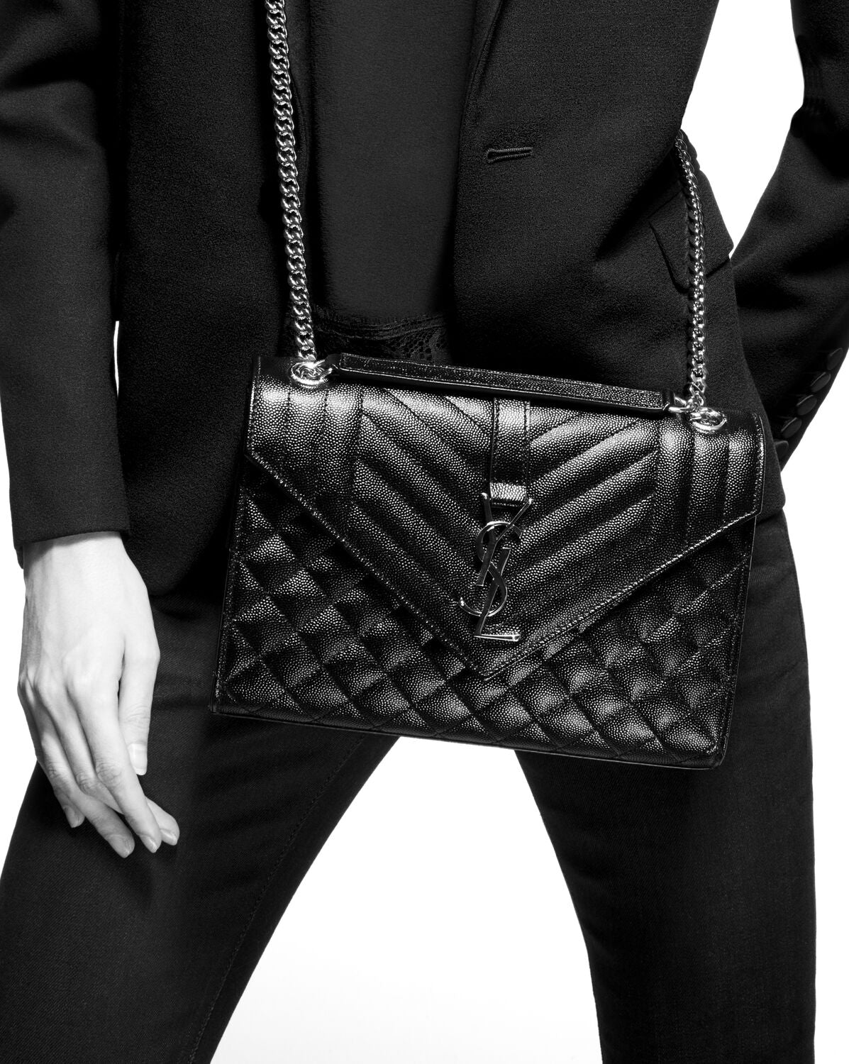Shop Saint Laurent Women Medium Envelope Quilted Leather Bag In Black