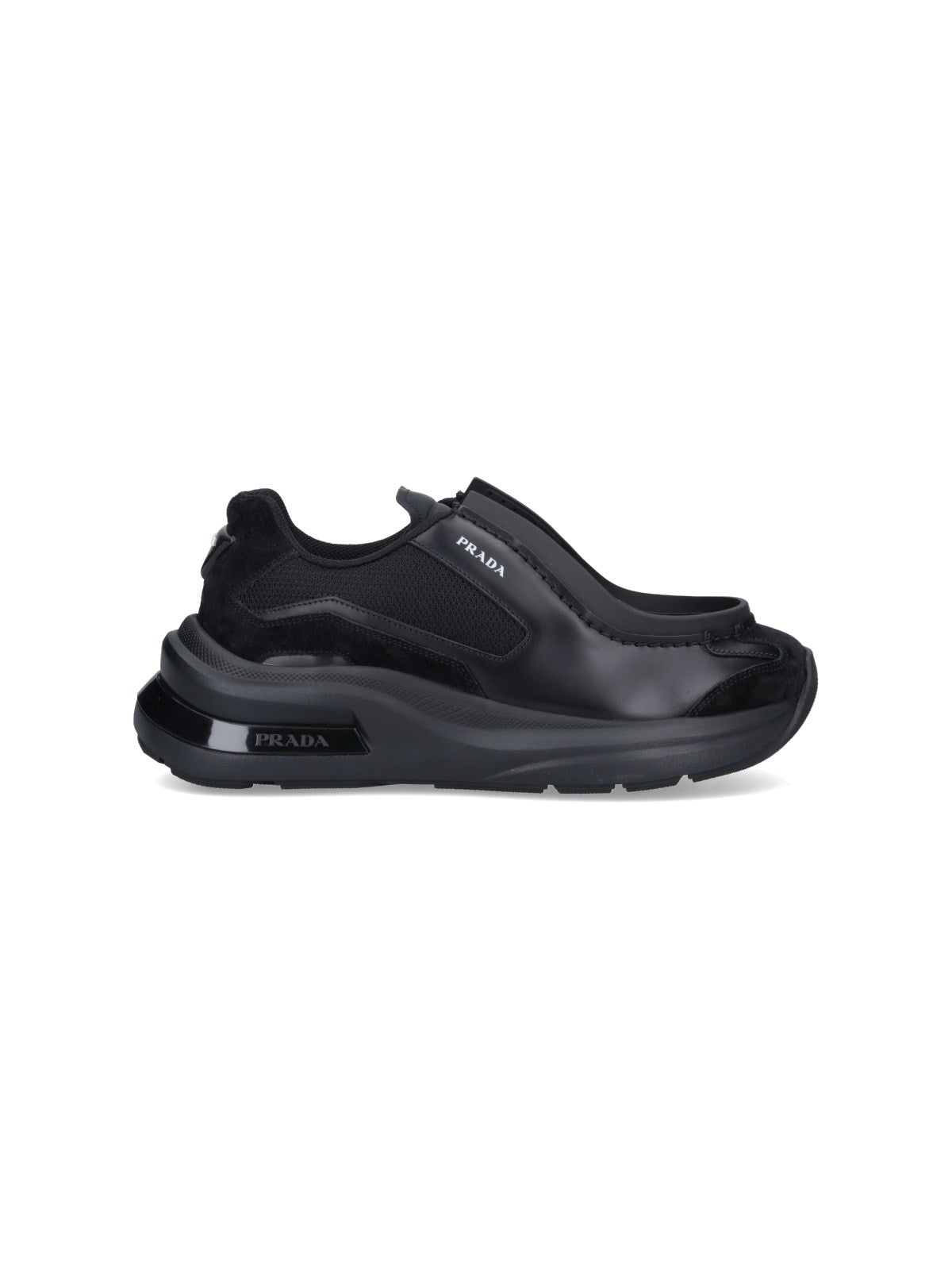 Shop Prada Men Systeme Brushed Leather Sneakers With Bike Fabric In Black