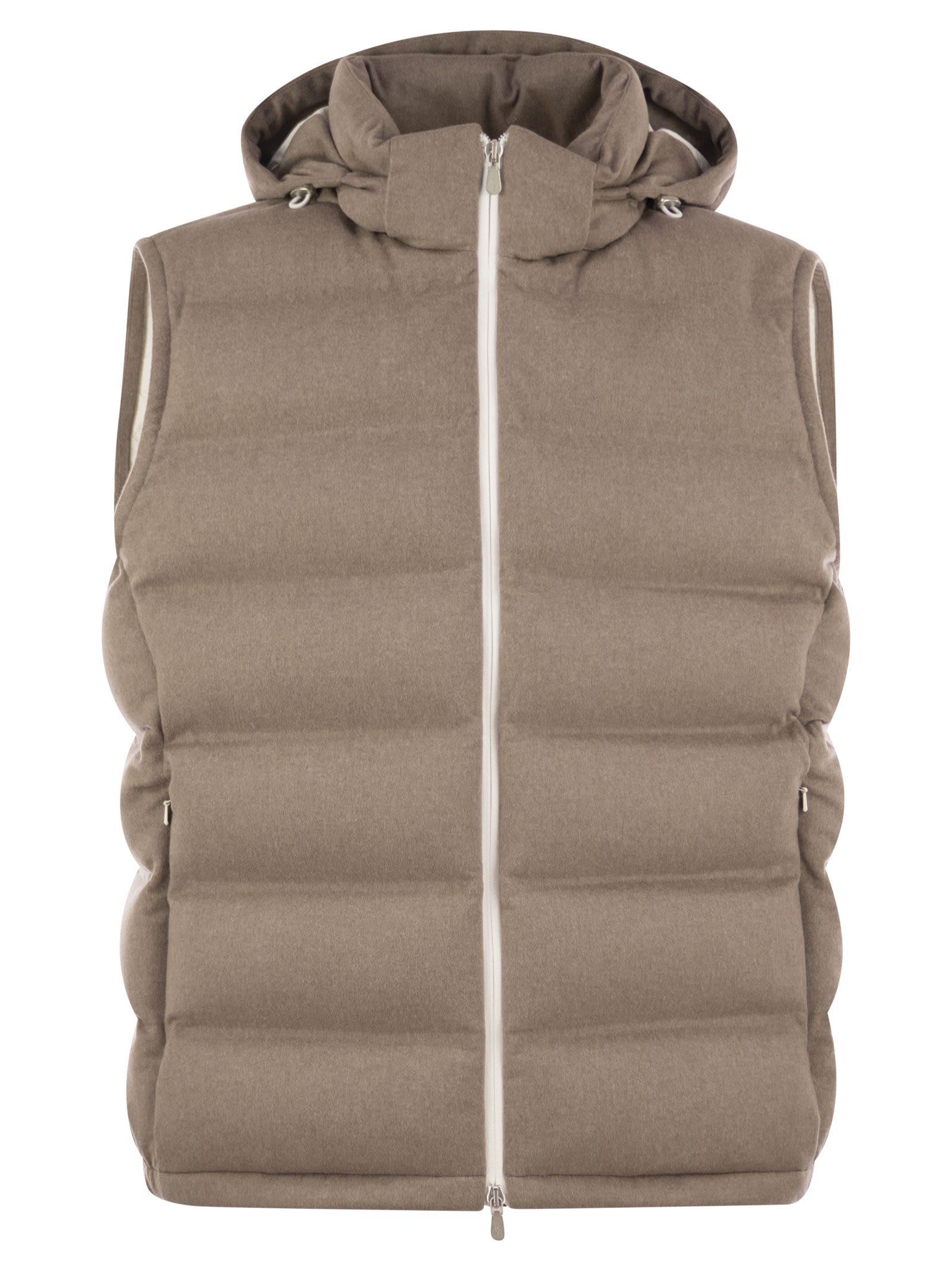 Brunello Cucinelli Men Sleeveless Wool Down Jacket With Detachable Hood In Brown