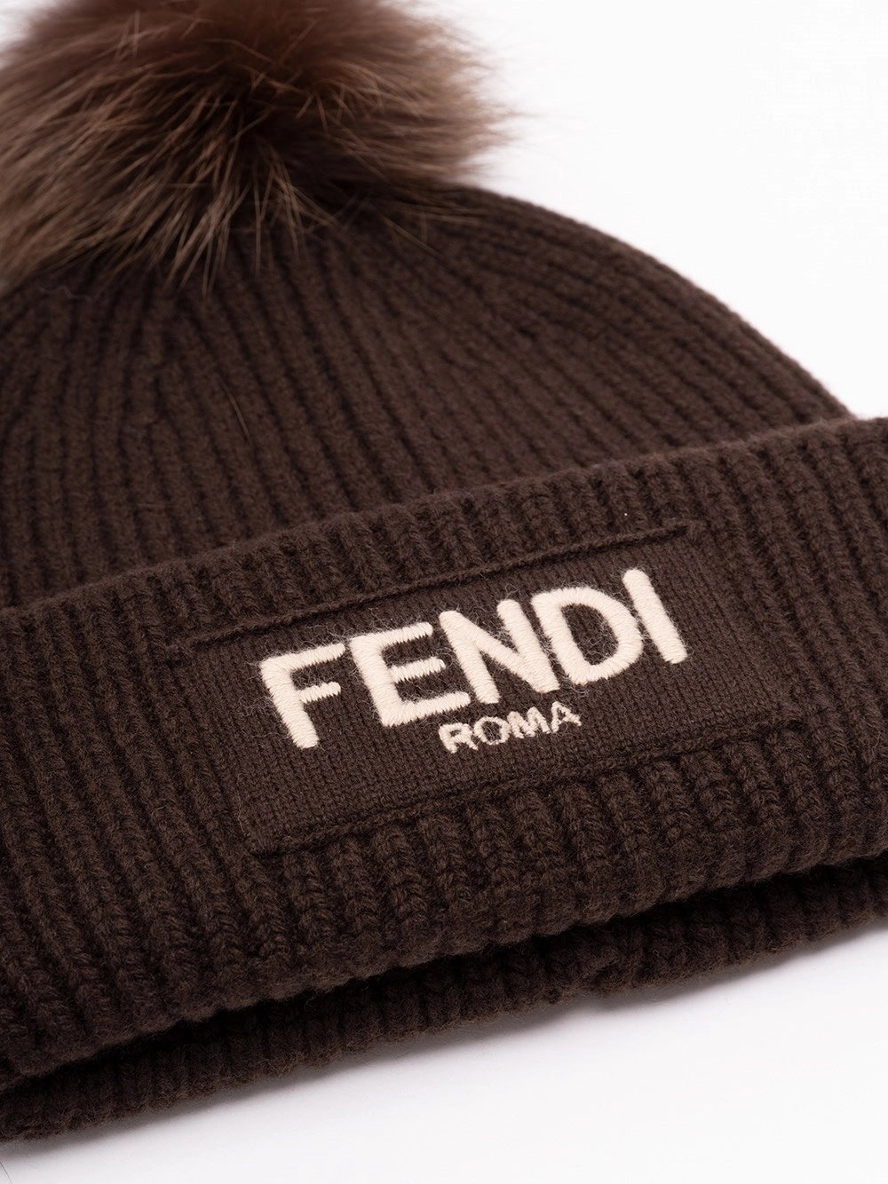 Fendi Brown Pompon Embroidered Logo Beanie Hat In Black