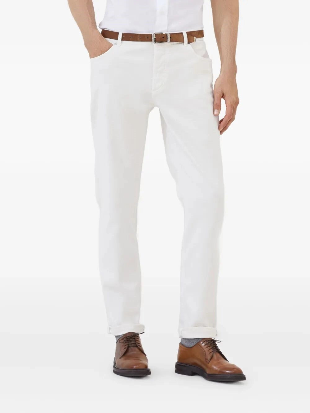 Brunello Cucinelli Straight Trousers With Belt Loops And Embroidered Detail In White