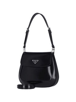 Prada Cleo Brushed Leather Shoulder Bag With Flap In Black