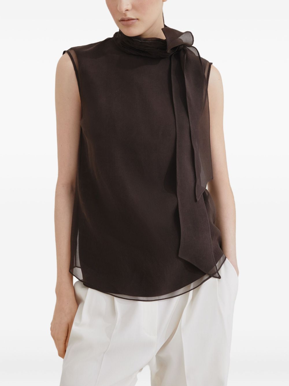 Brunello Cucinelli Pussybow Top With Monili In Brown