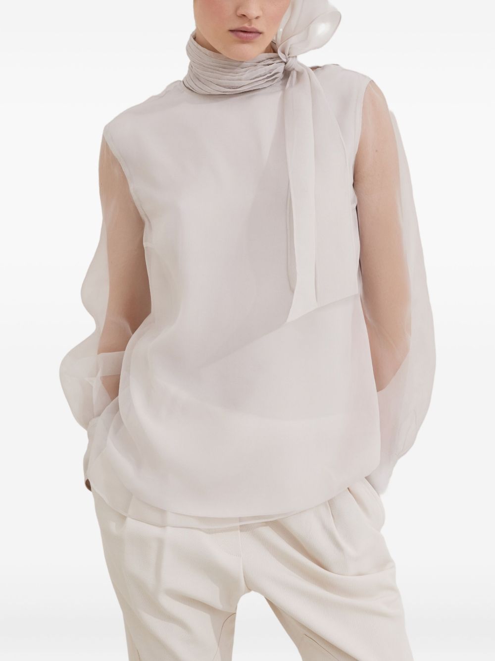 Brunello Cucinelli Silk Blouse With Diamond Cut Brass In White