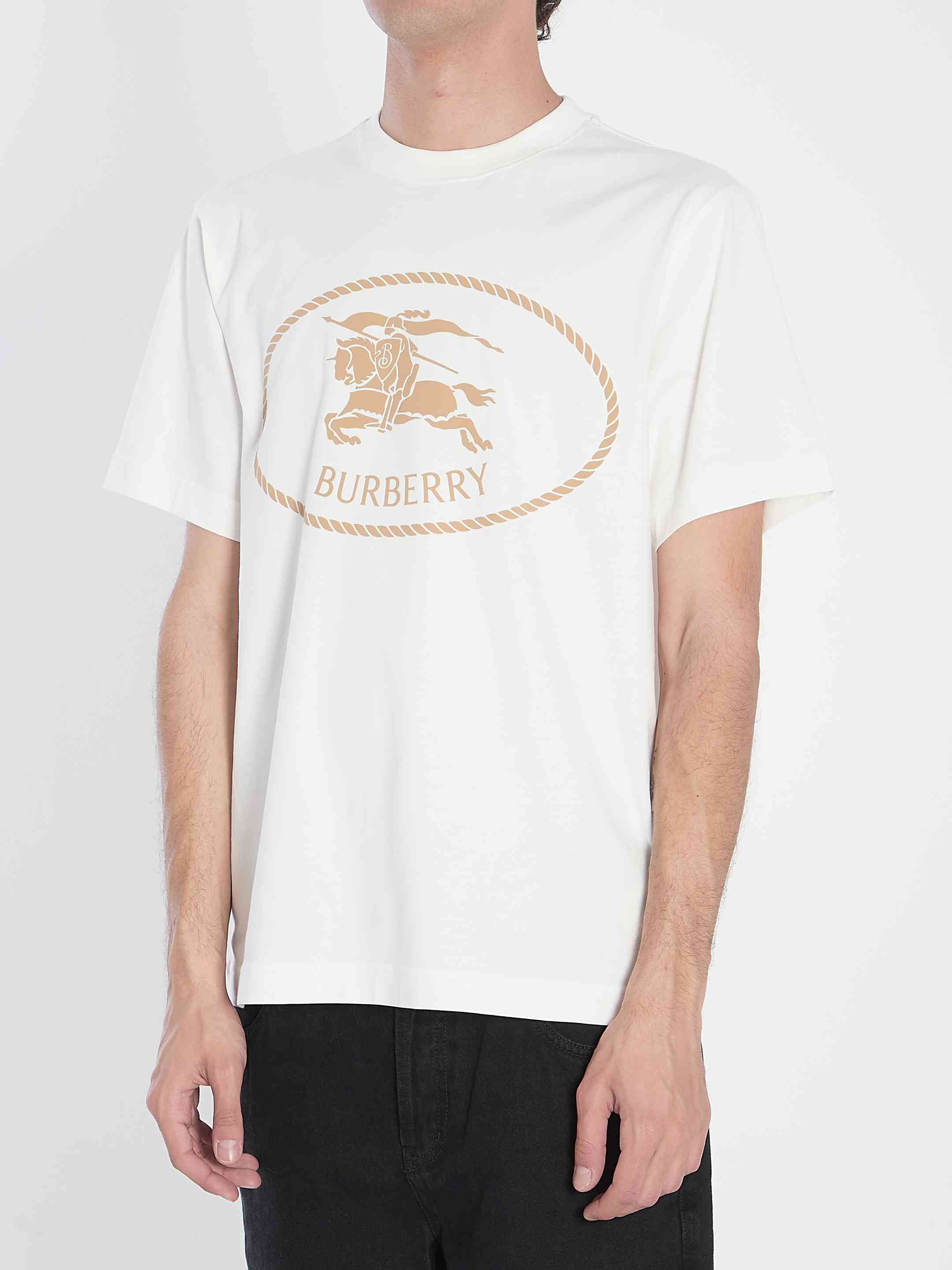 Burberry Beige Crewneck T-shirt With Maxi Logo On The Front In Cotton Man In White