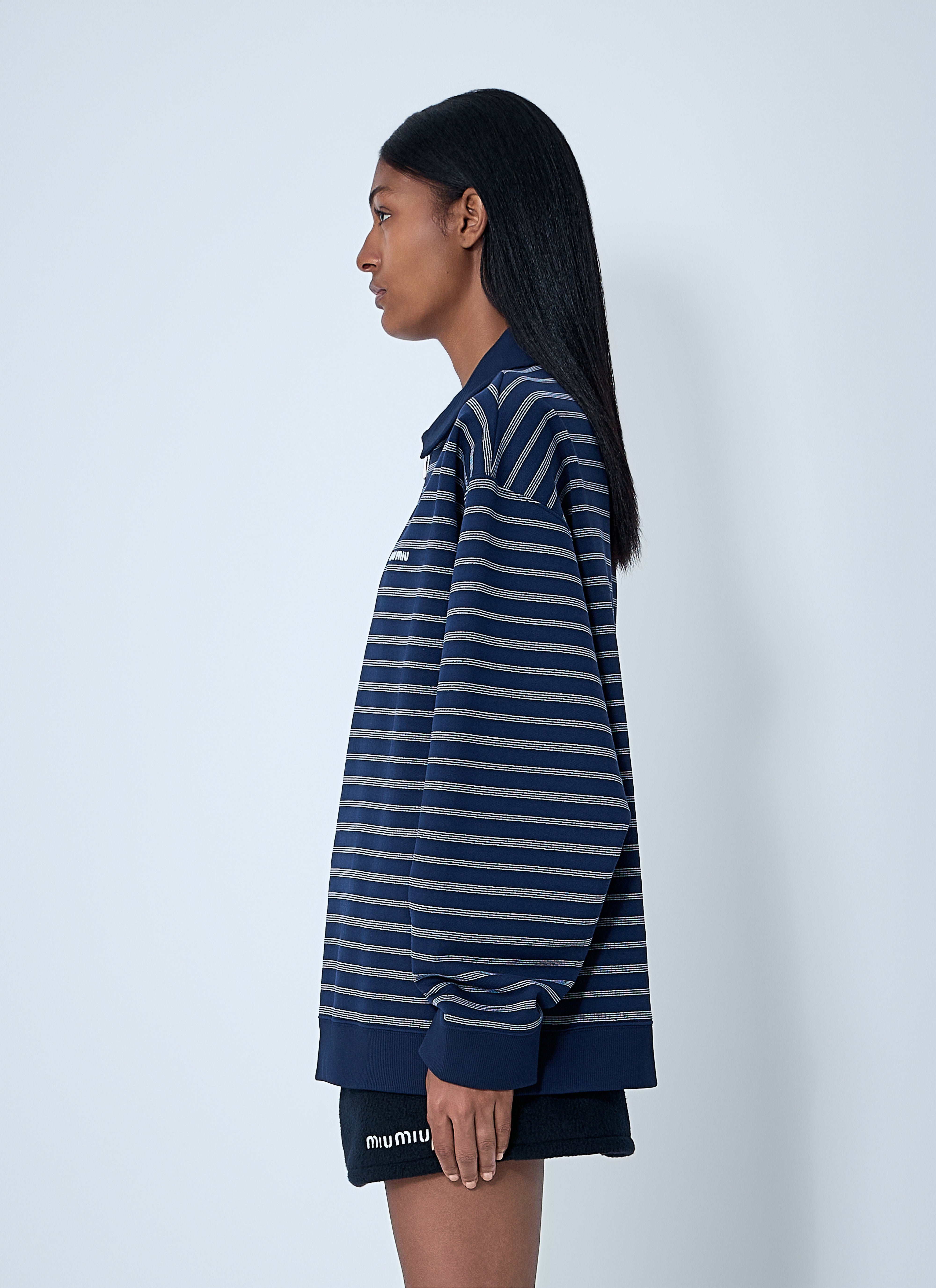 Miu Miu Striped Cotton Sweatshirt With Pointed Collar In Red