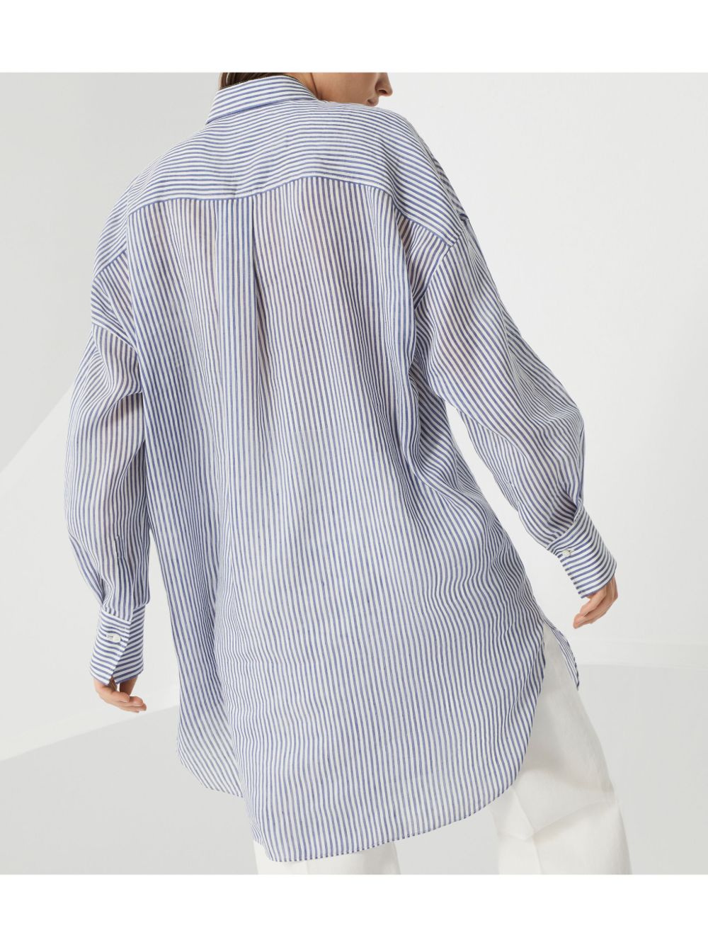 Brunello Cucinelli Linen And Silk Striped Organza Long Shirt With Shiny Collar Detail In Multicolor