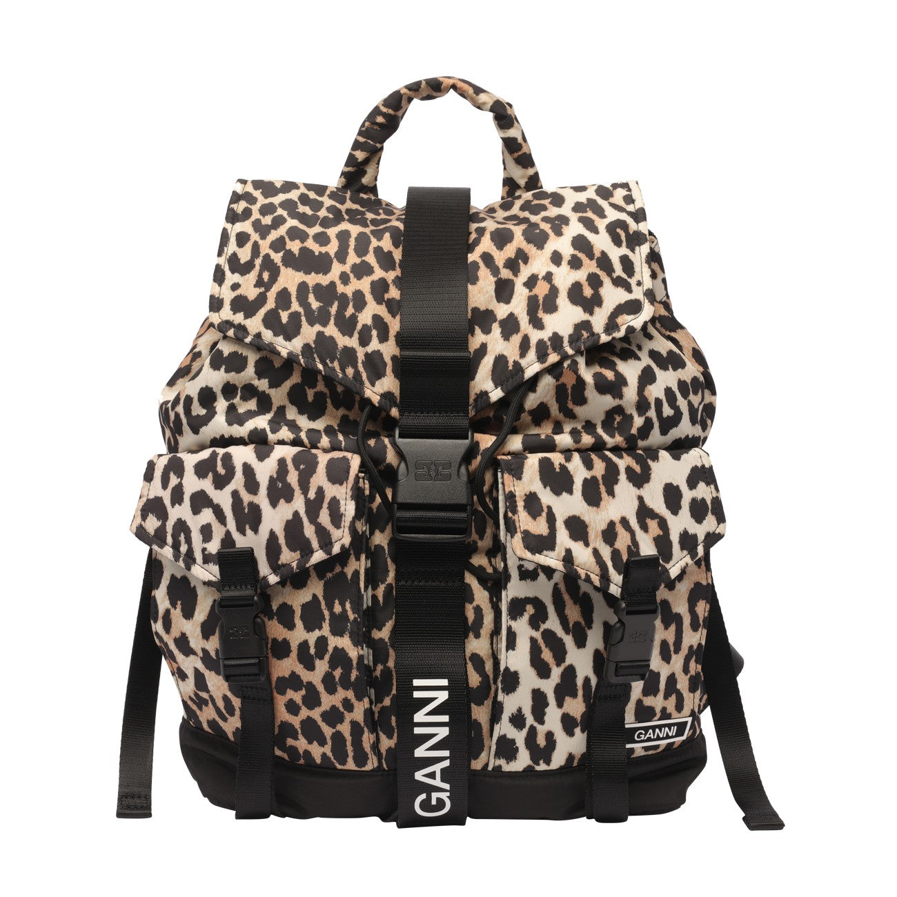 Ganni Leopard Printed Drawstring Backpack In Multi
