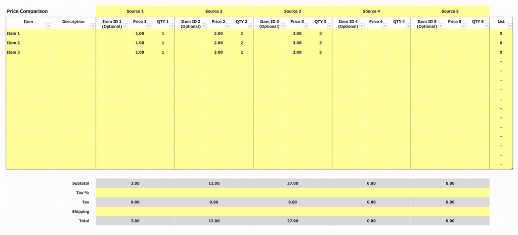 Price Comparison Template Price Inputs