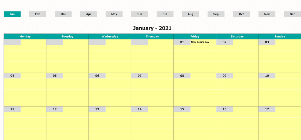 Excel Calendar Template bulan demi hari