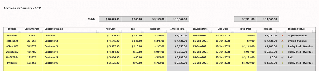 Invoice Spreadsheet Month Inputs