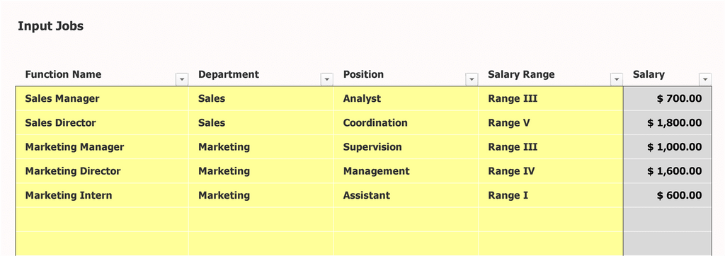 التوظيف قالب Excel مدخلات الوظيفة