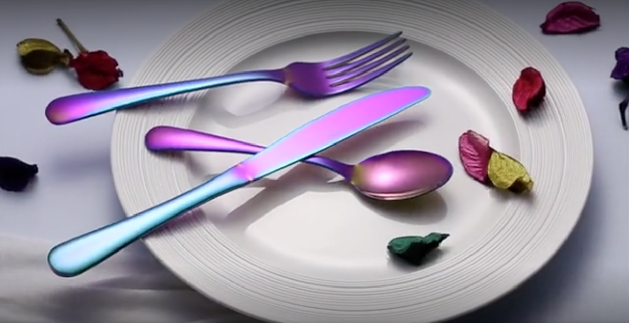 Load video: Hansmart.com Lorena Spellbound colorful kitchen dining silverware set, spoons, forks, knives