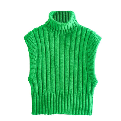 Bright Turtleneck Knitted Sunken Stripe Vest Jacket