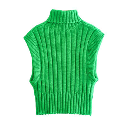 Bright Turtleneck Knitted Sunken Stripe Vest Jacket