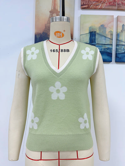 Women's V-neck sleeveless floral knit pullover