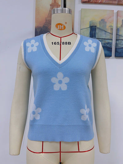 Women's V-neck sleeveless floral knit pullover