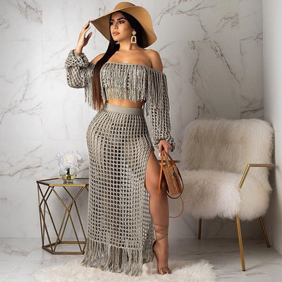 Casual Mesh Tassel Beach Skirt Two Piece Set