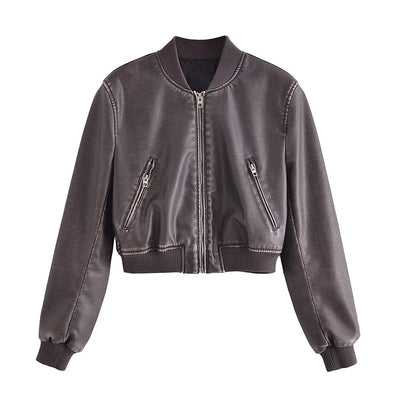 Urban Casual Faux Leather Bomber Jacket for Women