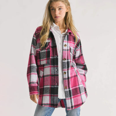 Contrast Plaid Lapel Shacket for Women