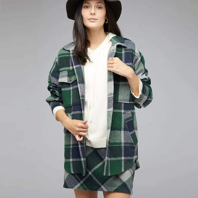 Contrast Plaid Lapel Shacket for Women