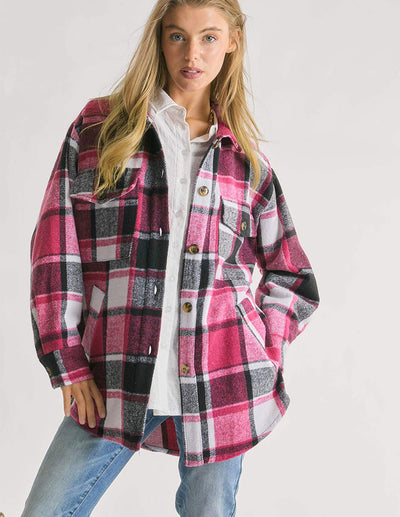 Contrast Plaid Lapel Shacket for Women