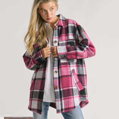 Contrast Plaid Lapel Shacket for Women