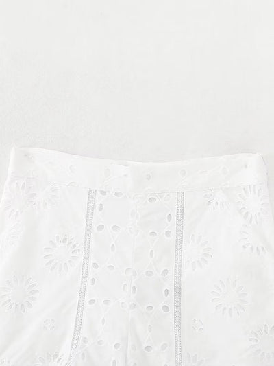 High-Waist Embroidered Hollow Out Cutout Design Casual Shorts for Women