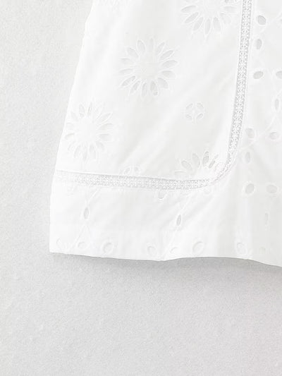 High-Waist Embroidered Hollow Out Cutout Design Casual Shorts for Women