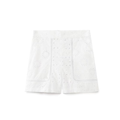 High-Waist Embroidered Hollow Out Cutout Design Casual Shorts for Women