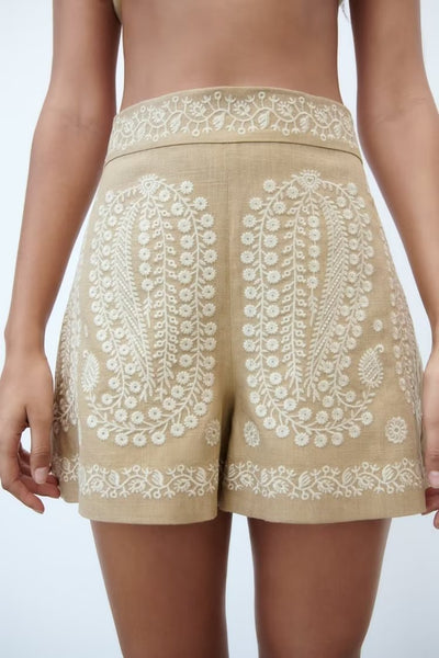 Street Casual Leinen-Stickerei-Shorts für Damen