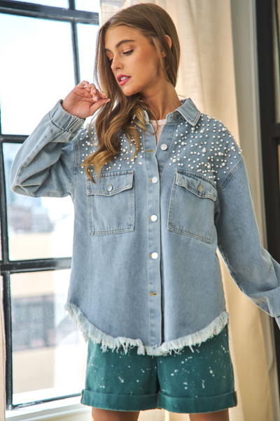 Long Sleeve Burrs Tassels Beaded Denim Jacket