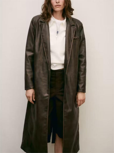 Leather Loose Matching Belt Long Trench Coat