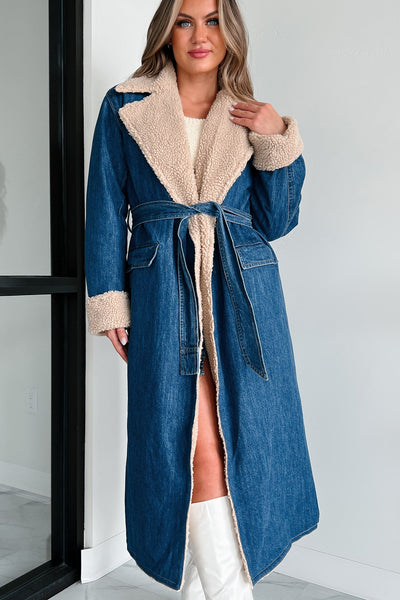 Trench-coat élégant en denim à col en laine d'agneau