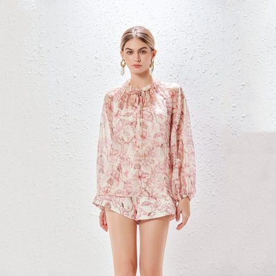 Lace-Up Printed Top Holiday Shirt with Wide-Leg Shorts and Belt Set