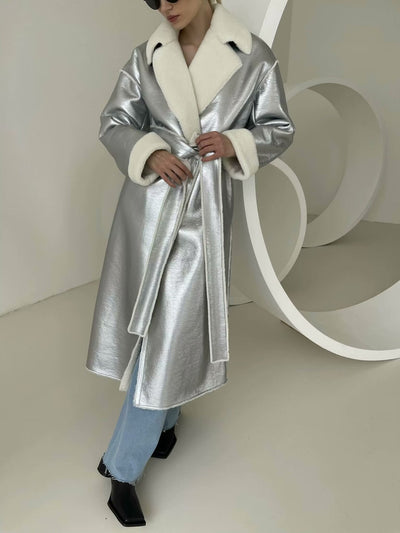 Metal Sequ Fur One Loose Long Belt Overcoat Coat