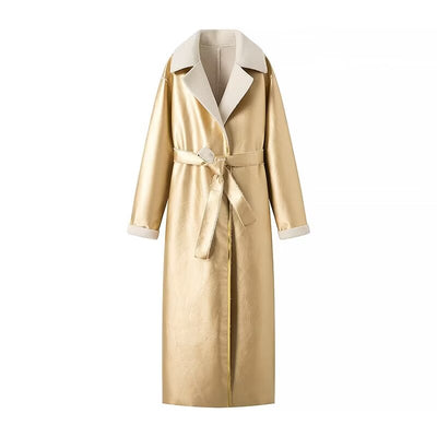 Metal Sequ Fur One Loose Long Belt Overcoat Coat