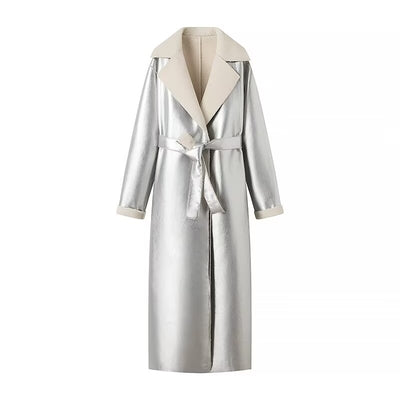 Metal Sequ Fur One Loose Long Belt Overcoat Coat